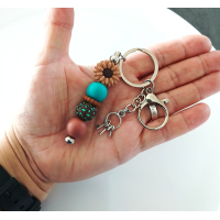 Sleutelhanger met kralen | bloem | bruin, teal | sleutelbosje